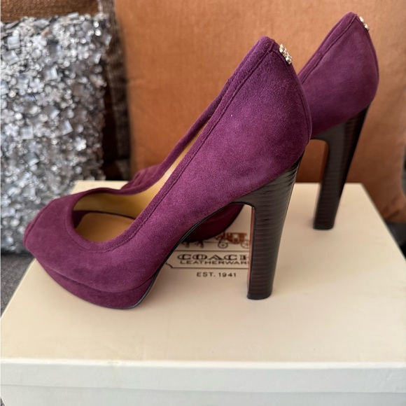 Coach Suede Peep Toe Platform Heels in Color Plum